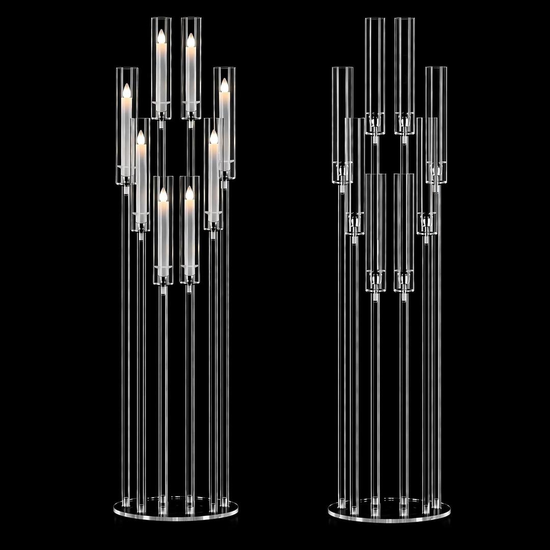 2PCS 8-Arm Acrylic Candelabra Centerpieces for Tables, Sturdy Solid Rods 45.6" Tall Floor Candle Holders Set with Shades for Wedding Birthday Party Anniversary, Clear
