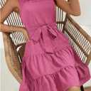 Milumia Women's Frill Mock Neck Sleeveless Dress Belted Tiered Ruffle Hem Summer Short Dresses (Pink, M)
