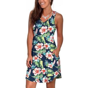 Atizon Casual Summer T Shirt Dress for Women V Neck Swing Elastic Tunic Short Sundress with Pockets (Large, 1 Floral Print)