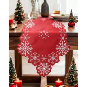 Christmas Table Runner with Snowflake Embroidery, Winter Table Runner for Dining Room,Red Elegant Christmas Table Decor 1336IN