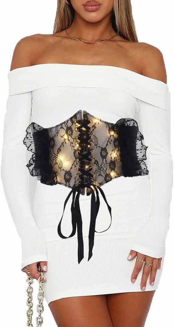 Bounzhi Women Wide Elastic Corset Belt Stretch Leather Belt Dresses Belt Lace Vintage Waist Belt Buckle for Women and Girls (Black)