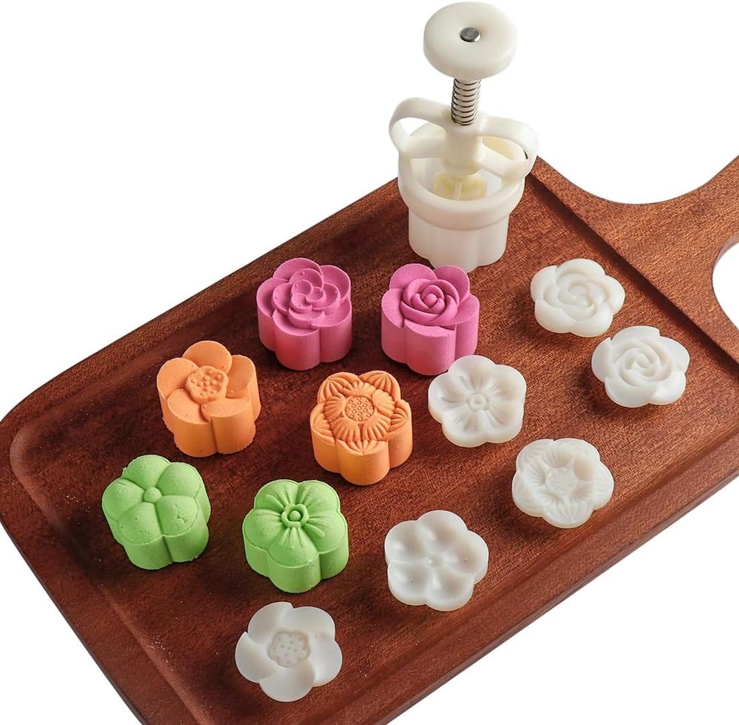 Moon Cake Mold Chinese Mid-autumn Festival Cookie Stamp Set, Thickness Adjustable 50g 6 Stamps Mooncake Shortbread Press DIY Decoration Hand Cutter Cake Polvoron Mold, White