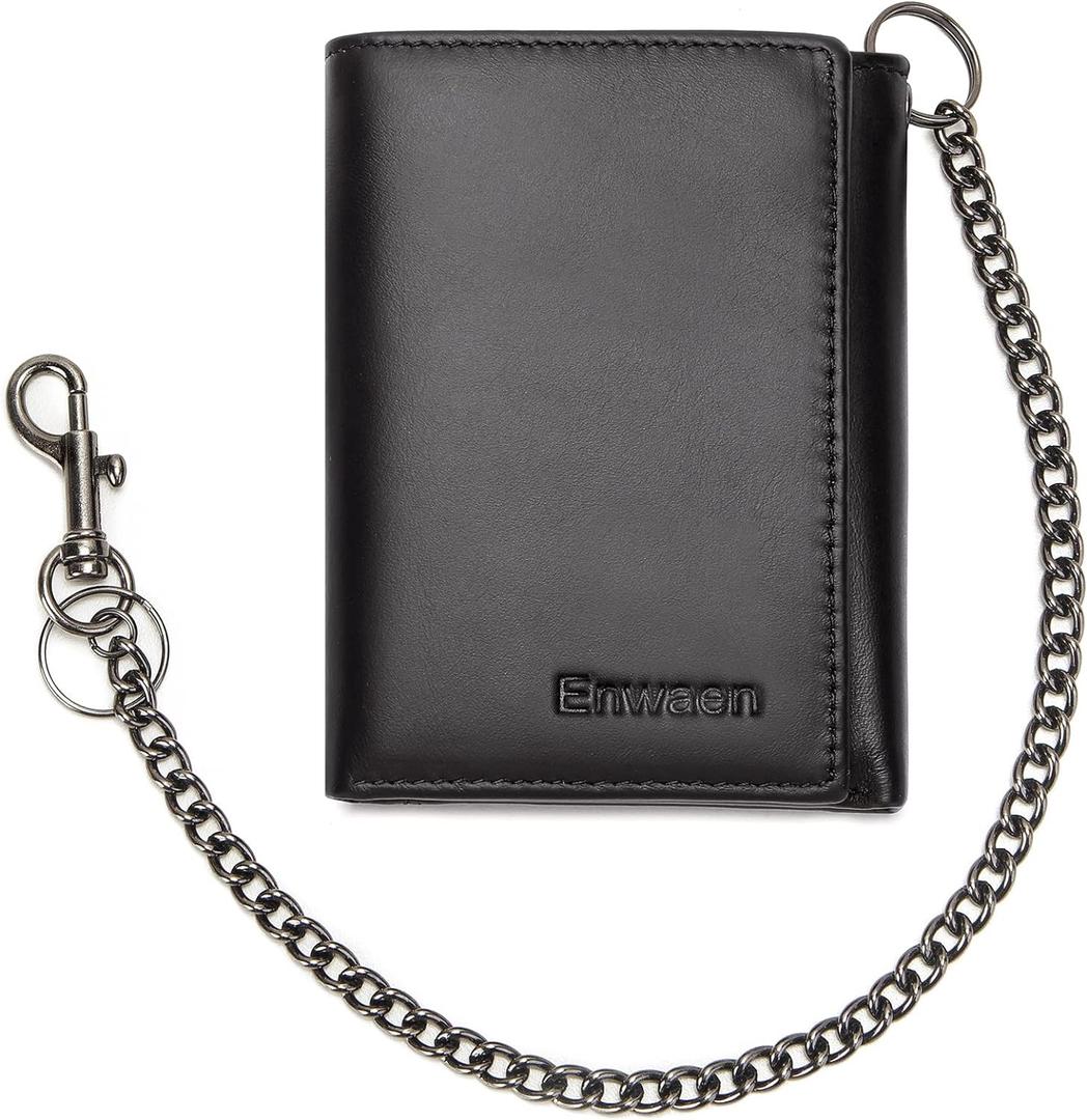 Mens Wallet with Chain, Genuine Leather Trifold Wallet RFID Blocking Anti-Theft Chain for Biker, Motorcycle (Black)