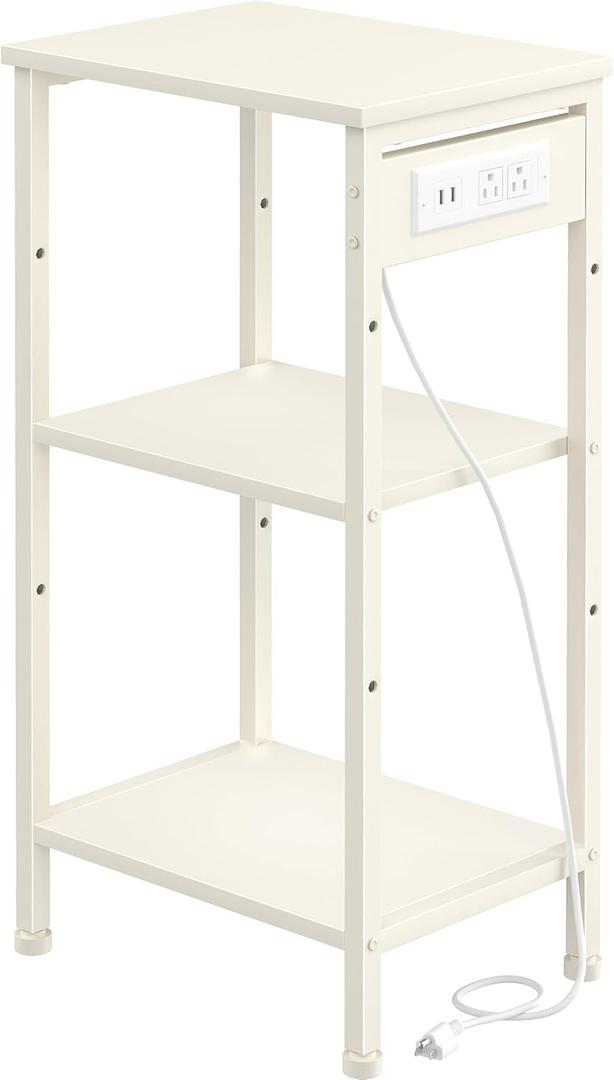 Tall End Table with Charging Station, 3 Tier Narrow Tall Nightstand with Storage, Slim Side Table for Bedroom, Living Room, Nursery, Office, Cream White