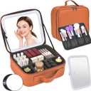 Travel Makeup Bag, Portable Makeup Case with LED Mirror, Removable Mirror with 3 Color Modes, 6 Adjustable EVA Dividers for Brushes Toiletry Jewelry Digital Accessories, Tangerine