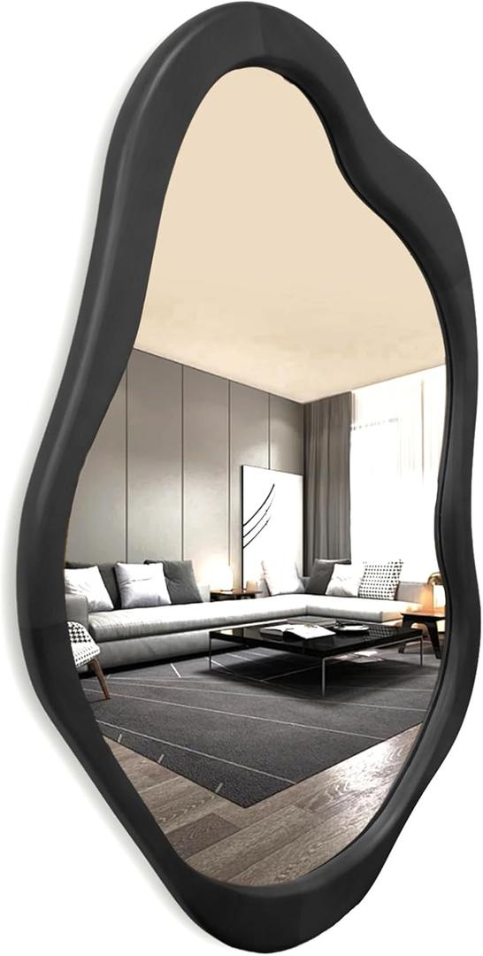 Wavy Mirror, Cloud Mirror, Irregular Wall Mirror with Wood Frame, Modern Decorative Mirror with Hanging Hooks, Asymmetrical Mirror for Bedroom Living Room Entryway (Black, 3220)