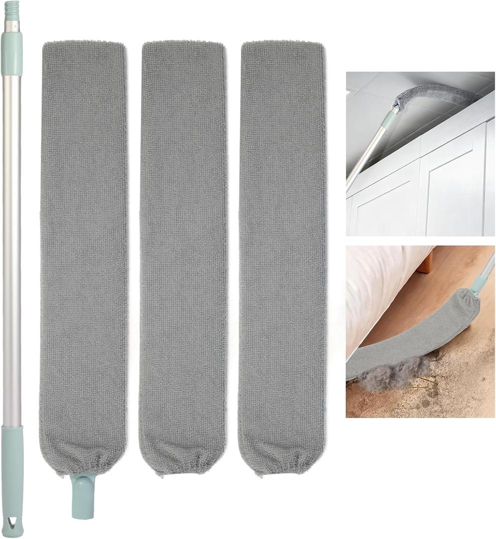 Retractable Gap Dust Cleaner, Long Handle CleaningTool with 3 Washable Microfiber Dusting Cloths, Duster Brush for Cleaning Under Appliances, Gray