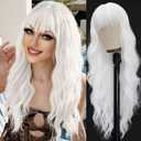 Vomella Long Wavy White Wigs for Women 26 Inch White Wig with Bangs Natural Looking Synthetic Heat Resistant Wig for Halloween Daily Party Use (60)