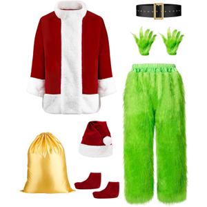 Green Santa Claus Costume for Men Furry Santa Suit Deluxe Complete Adult Santa Costume for Christmas Cosplay Holiday (Large)