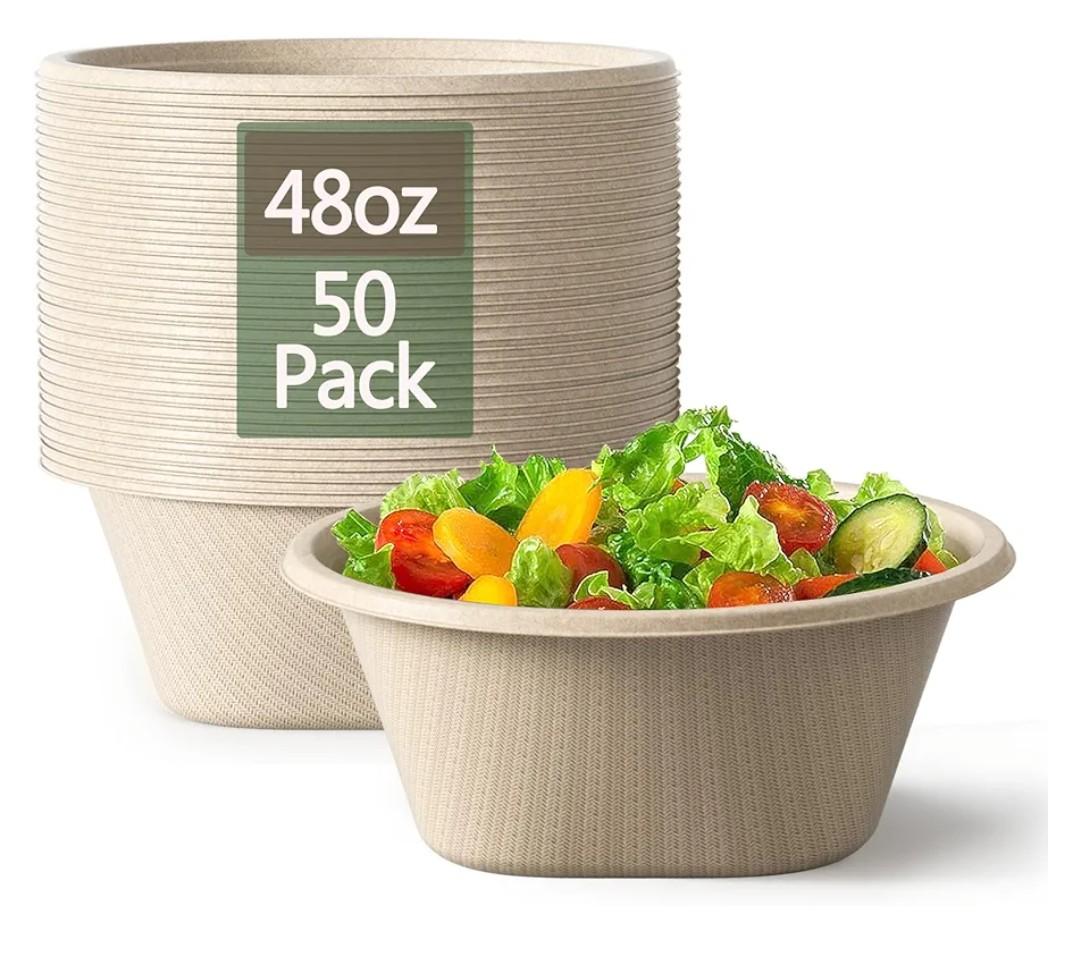 Homestockplus 48 Oz Disposable Bowls - Heavy Duty and Compostable Bowl - Made from Sugarcane and Bamboo Fibers, Microwave Safe - Large Paper Bowl for Soup, Salad, Ramen, Popcorn, etc. [50 Pack]