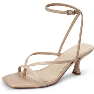 Women's Kitten Heel Strappy Open Square Toe Thong Ankle Strap Heels for Wedding, Nude Pu, Size: 7.5