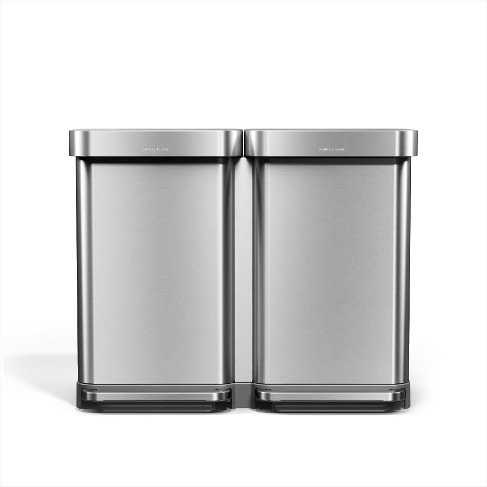 simplehuman Step Recycler, 90L / 23.8 Gallon Dual Compartment Kitchen Trash Can, 150,000-Step Steel Pedal, Lid Shox® Technology, Liner Rim System, Liner Pocket®, Brushed Stainless Steel