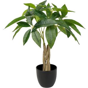16 Inch Fake Money Tree - Indoor Potted Artificial Pachira Money Tree - Small Faux Plant in Black Pot - Good Luck & Fortune Plant for Home Office Decor