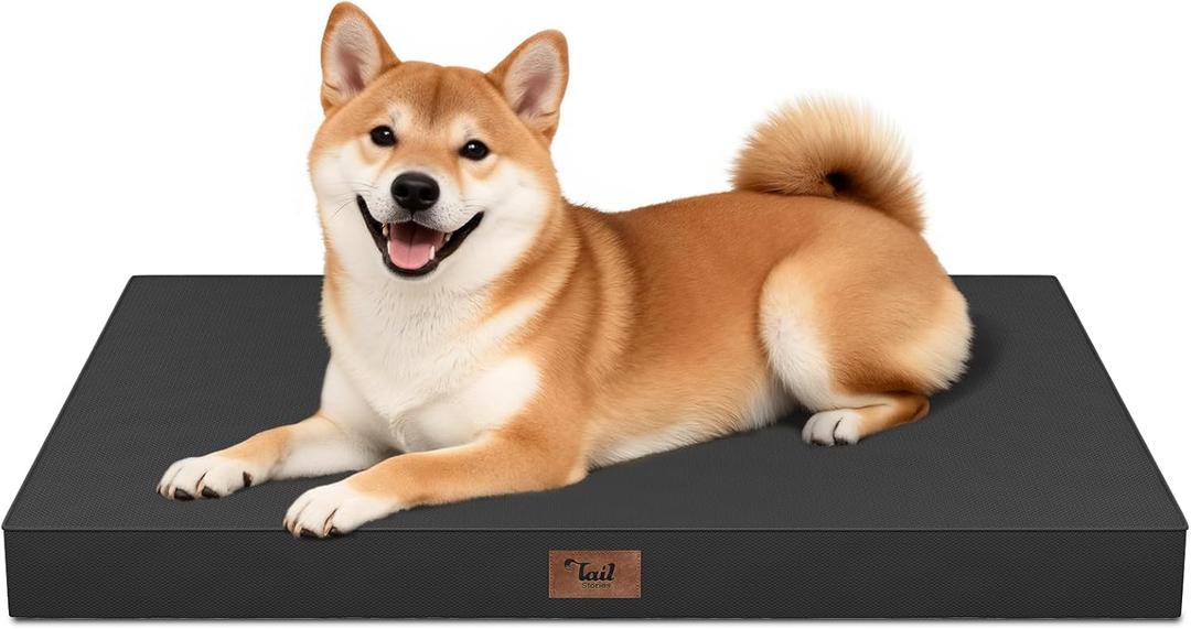 Outdoor Dog Bed for Medium Dogs, Waterproof Dog Crate Mat Orthopedic Egg Crate Foam Pet Bed with Washable Removable Oxford Cover, Black