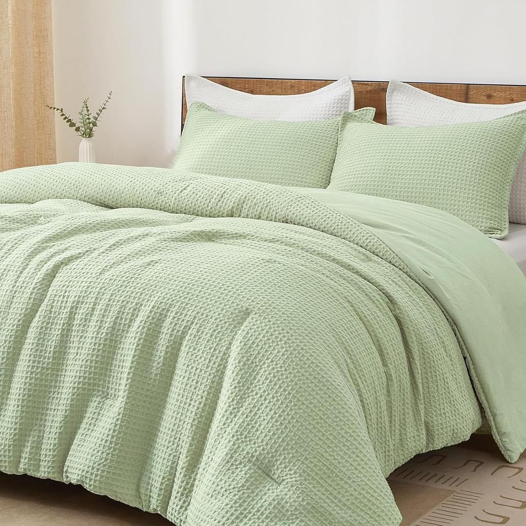 PHF Ultra Soft Waffle Weave Comforter Set Queen Size, 3 Pieces Lightweight Breathable Comfy Bedding Set for All Season, Comfy Textured 1 Comforter with 2 Pillow Shams, Sage Green