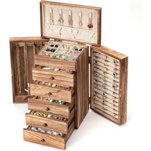 Poyilooo Jewelry Boxes for Women Girls, 9"x 5.9"x 12" Wooden 5-Layers Jewelry Organizer and Storage with Drawer, Suitable for Earring, Ring, Necklace, Bracelet, Gifts for Women