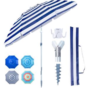 Tempera Heavy Duty High Wind Beach Umbrella with Sand Anchor & Carry Bag|Patio Outdoor Umbrella with Alumininm Frame, Sunshade Umbrella with Push Button Tilt, Ideal for Travel Garden Lawn Poolside Backyard, UPF 60+ (Blue White Stripe)