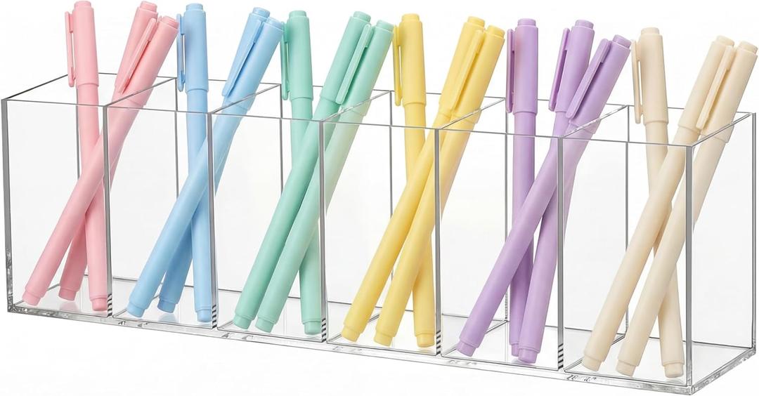 Jetec Acrylic Pen Holder 6 Compartments Makeup Brush Stationery Organizer Pencil Holder for Desk Accessories, Cosmetic Brushes, Dorm, Home, Bathroom, Kitchen, Office Supplies(Clear)