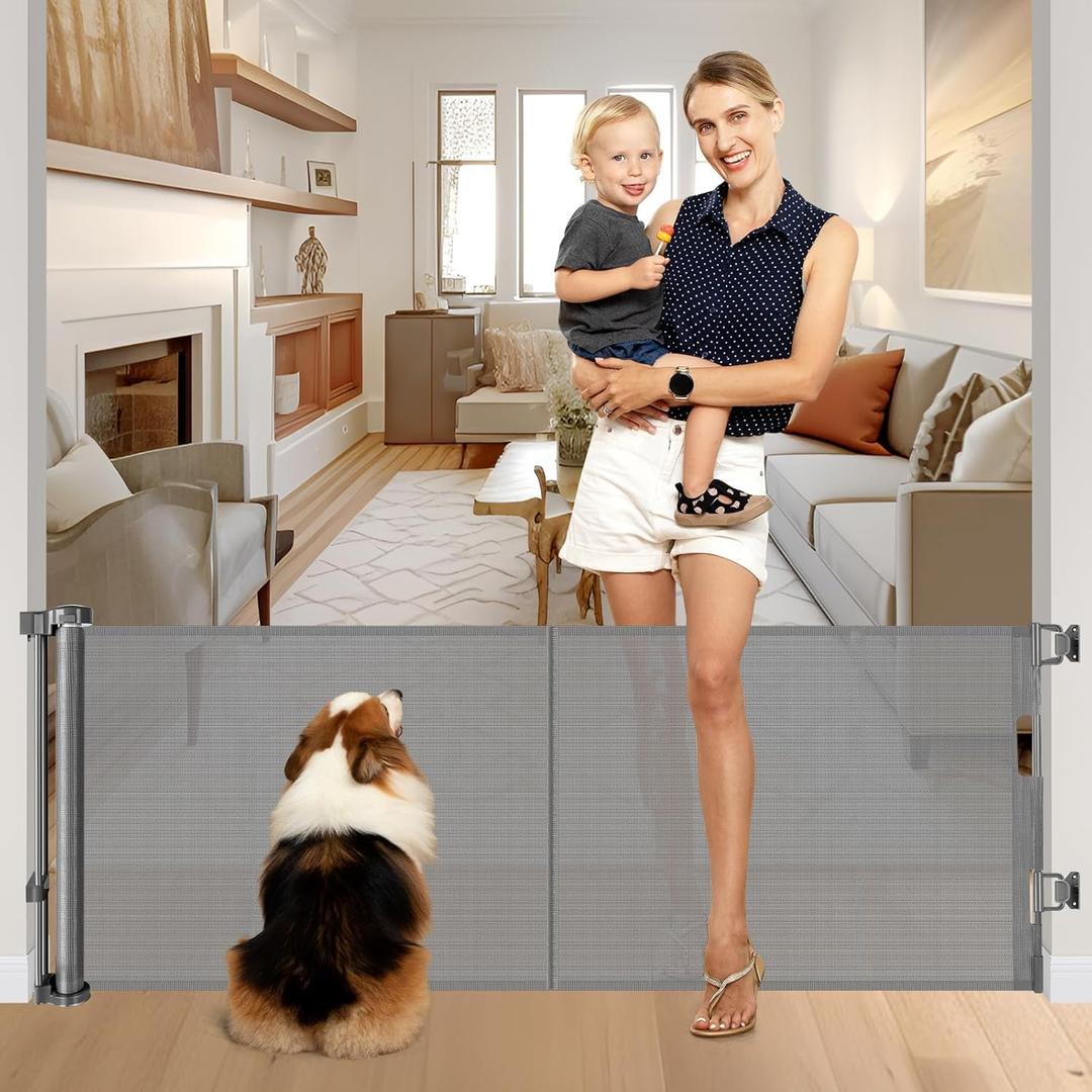 Reinforced 28-Inch Tall Retractable Baby Gates for Doorways, Walk Through Pet Gate for Stairs, Short Baby Gate with Support Rods, 55 Inch Wide Mesh Gate Retractable Gate Small Dog Gate, Gray