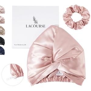 Anti-Slip Adjustable Real 22 Momme 100% Mulberry Silk Bonnet for Sleeping Women, Double-Layered Silk Hair Bonnet, One Size (21-24 inch Circumference), Pink
