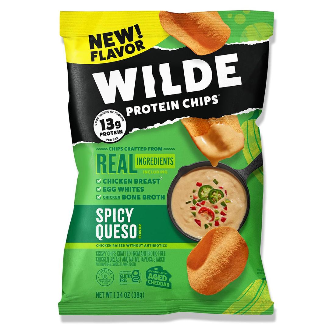 WILDE Protein Chips Spicy Queso, Thin and Crispy High Protein Snacks, Keto Friendly, Low Carb Chips, Real Ingredients, 1.34oz (Pack of 8)(BB: April 29, 2026)