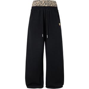 Aelfric Eden Baggy Wide Leg Sweatpants for Women Men Double Waist Camo Elastic Waisted Lounge Pants with Pockets (Large, Black & Leopard)