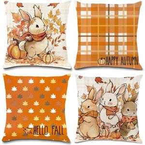 3 x 4 Pack Fall Pillow Covers Decoration，18x18in Buffalo Plaid Farmhouse Pumpkin Maple Leaves Thanksgiving Fall Throw Pillows Cushion Case Couch Decor for Autumn Home Outdoor Decorations