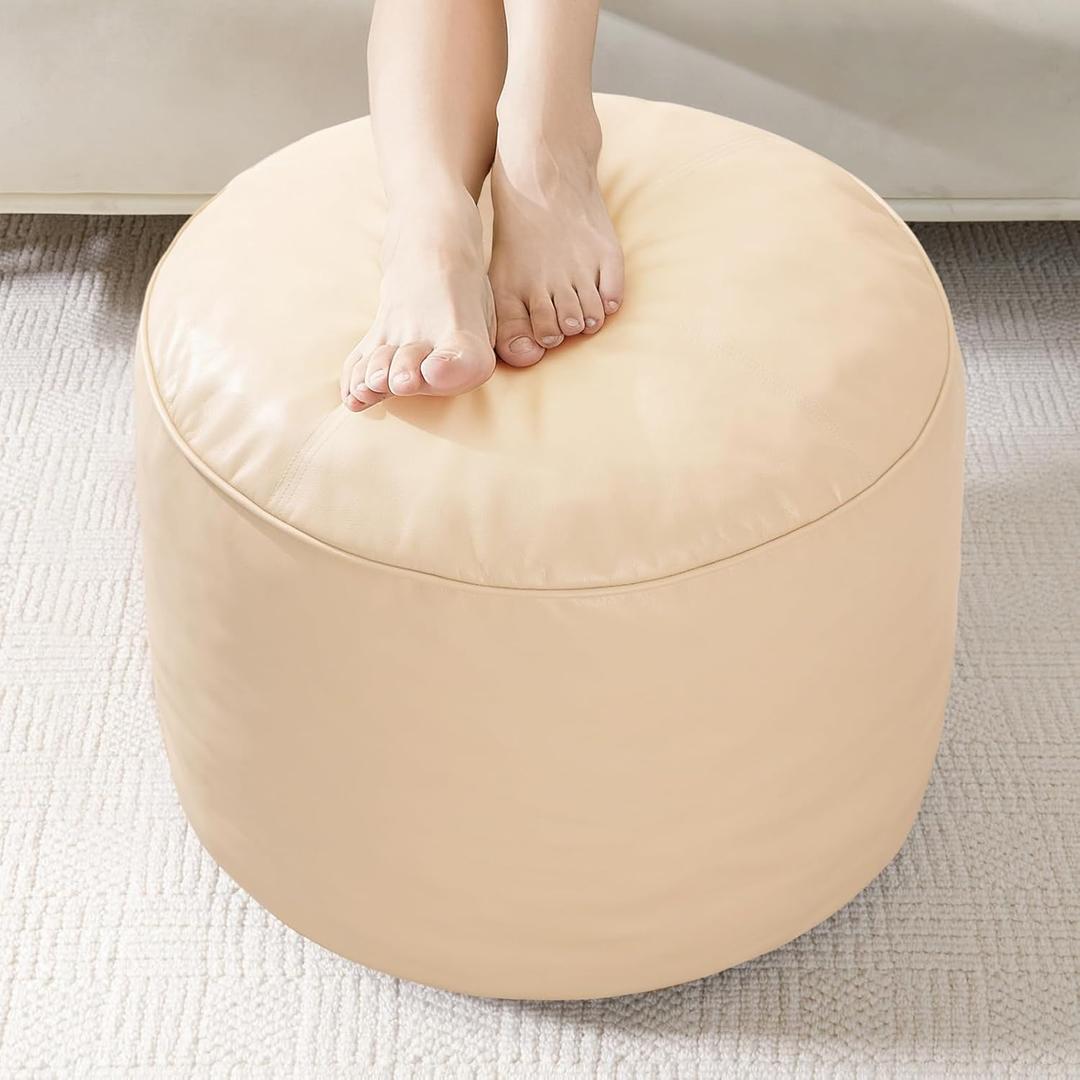 HIGOGOGO Round Stuffed Pouf Ottoman, Pu Leather Poufs with Foam Chunk Filling, Furry and Fluffy Pouf Foot Stool Storage Ottoman, 20 X 15 Floor Poufs Foot Rest for Living Room, Beige