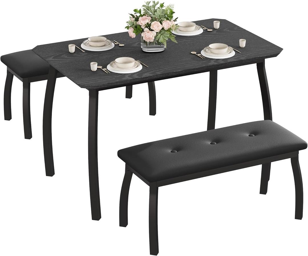 Dining Table for 4, 3-Piece Kitchen Table Set for 4 with Wooden Tabletop and Metal Frame, Industrial Kitchen Table with 2 PU Leather Benches for Bar, Dining Room, Restaurant(43''x28''x30''), Black