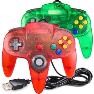 2 Pack Classic N64 Controller, suily N64 Wired USB PC Game pad Joystick, N64 Bit USB Wired Game Stick Joy pad Controller for Windows PC MAC Linux Raspberry Pi 3 Sega Genesis (Clear Green/Clear Red)