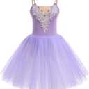 AFAVOM Ballet Leotards for Women Ballerina Performance Swan Lake Costumes Embroidery Tulle Camisole Skirted Leotard Dancewear (Purple, M)