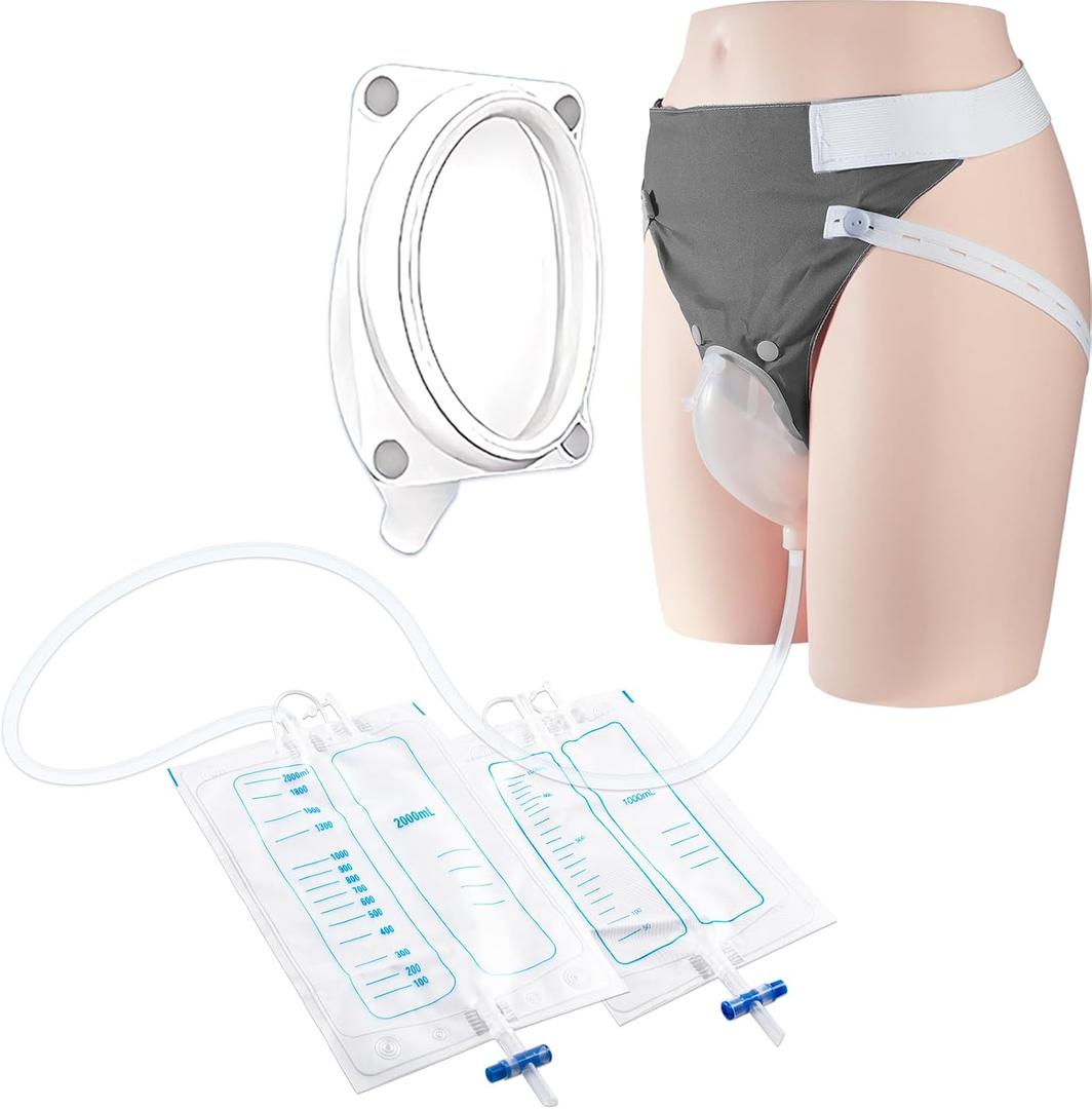 Wearable Urine Collector with Reusable Silicone Pouch, Breathable Fixing Pants, Urinary Bag Set 2000ml and 1000ml and 1.2m Tube for Elderly Male Grey