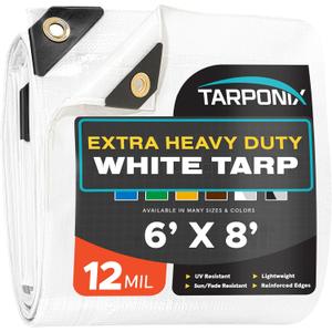 6' x 8' Extra Heavy-Duty White Poly Tarp  12 Mil Thick, Waterproof, UV-Resistant Polyethylene with Reinforced Edges, Double-Stitched Hems, and Rustproof Grommets