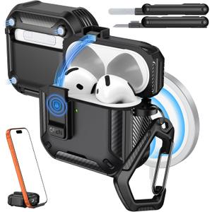 AirPods 4 Case with Lock 2024 - Compatible with MagSafe, Phone Stand & Auto Pop-up for AirPods 4th Generation Case, Military-Grade Protective Cover with Cleaner Kit, Black