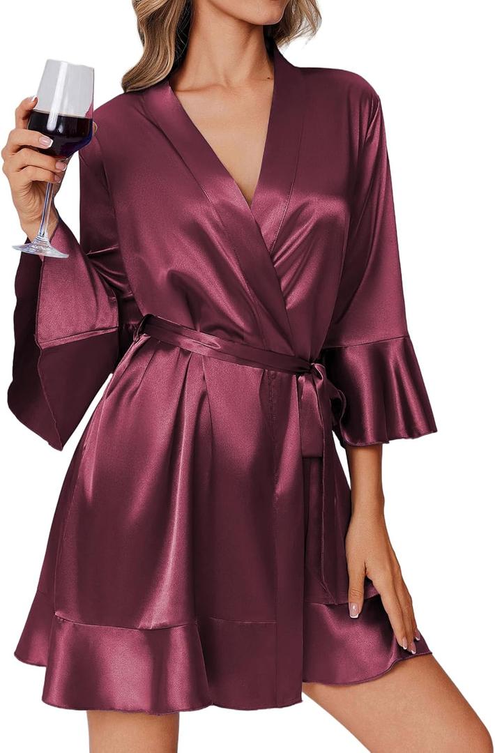 Ekouaer Women's Satin Robe Short Ruffle Hem Silky Robes Lightweight Kimono Brides Bathrobes Sleepwear S (Deep Red)