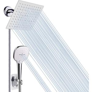 NearMoon Shower Head with Hose, High Pressure Stainless Steel Rain Shower and 3 Settings Handheld Spray Combo with Push Button Flow Control (8 Inch Showerhead Set, Chrome Finish)