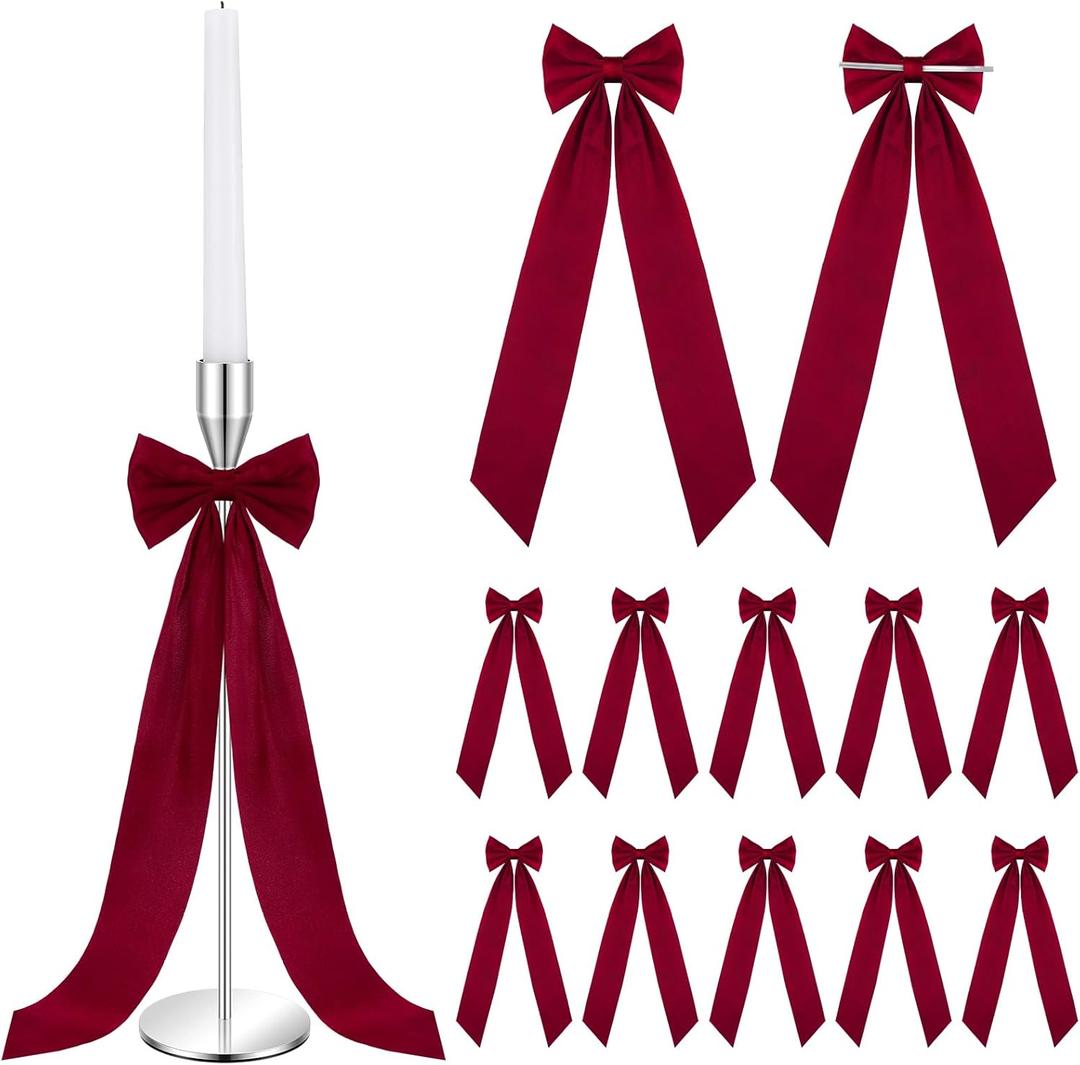 Teenyyou 12 Pcs Red Valentines Candlestick Bows Decor 13 Inch Large Coquette Decorations Bows for Table Self Adhesive Candle Holder Gift Wrapping Wedding Bridal Shower Bachelorette Party Centerpieces