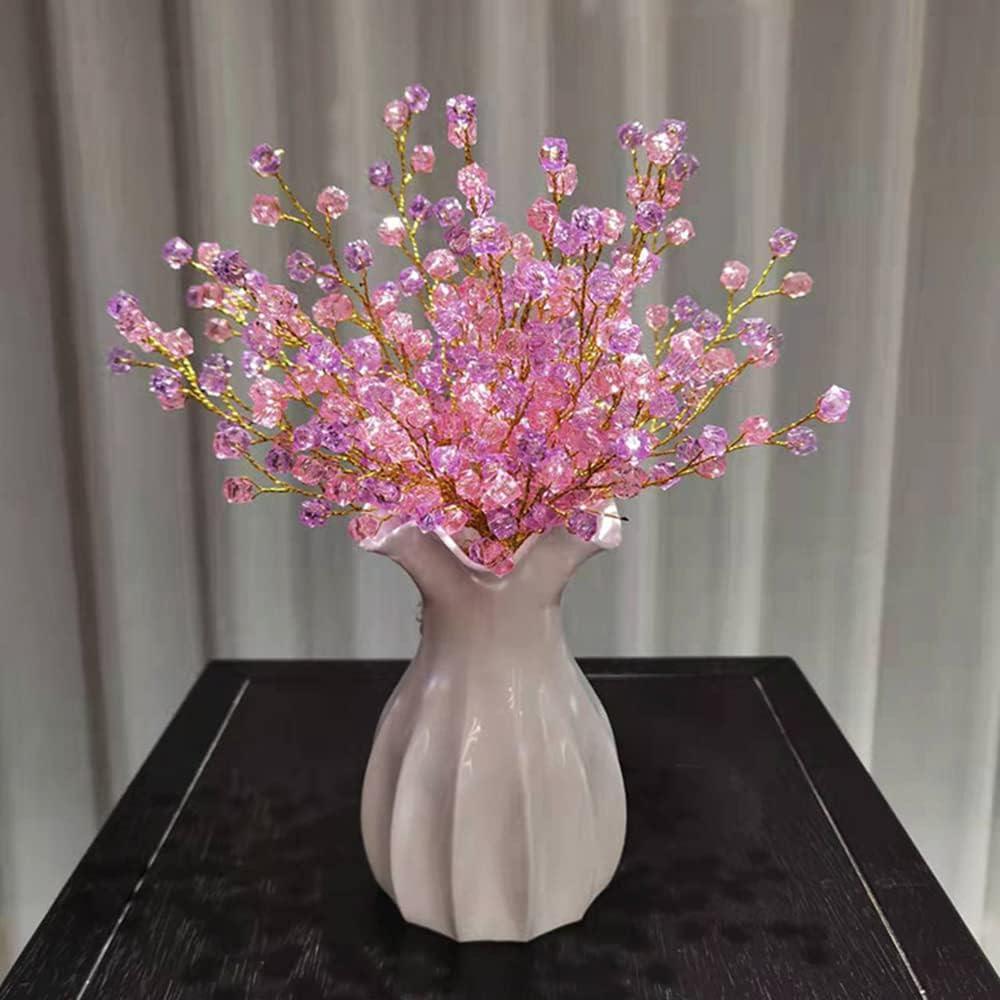 16PCS Crystal Artificial Flowers Bouquets Handmade Acrylic Flower Branches Fake Beaded Baby Breath Floral Crafts for Wedding Party Home Decor (Light Pink&purple)