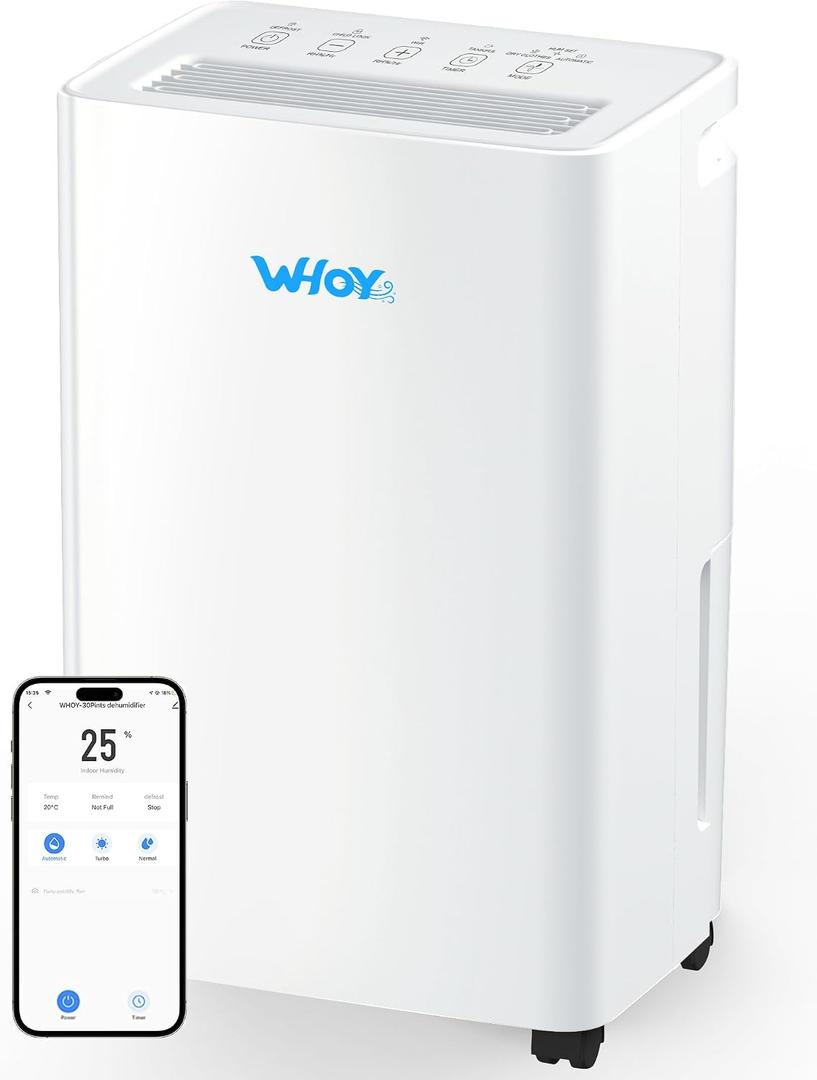 WHOY 30 Pints Smart Dehumidifier with WiFi App, for Home & Bedroom Up to 2, 000 Sq. Ft., Ultra Quiet with Child Lock & Laundry Dry, 1.6L Tank & Continuous Drain Hose
