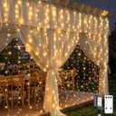 JMEXSUSS 900 LED Outdoor Curtain Lights, 9.5x29.5ft Christmas Lights Plug in with Remote, Twinkle Hanging String Light for Bedroom Wall Wedding Backdrop Window Gazebo Decor, Warm White
