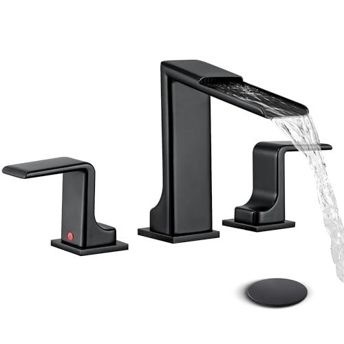 FELIXBATH Lead-Free Black Waterfall Bathroom Faucet 3 Hole - Commercial 8-Inch Widespread Bathroom Faucet with Pop Up Drain, 2 Handle Vanity Faucets for Farmhouse Sink, Restroom, Lavatory
