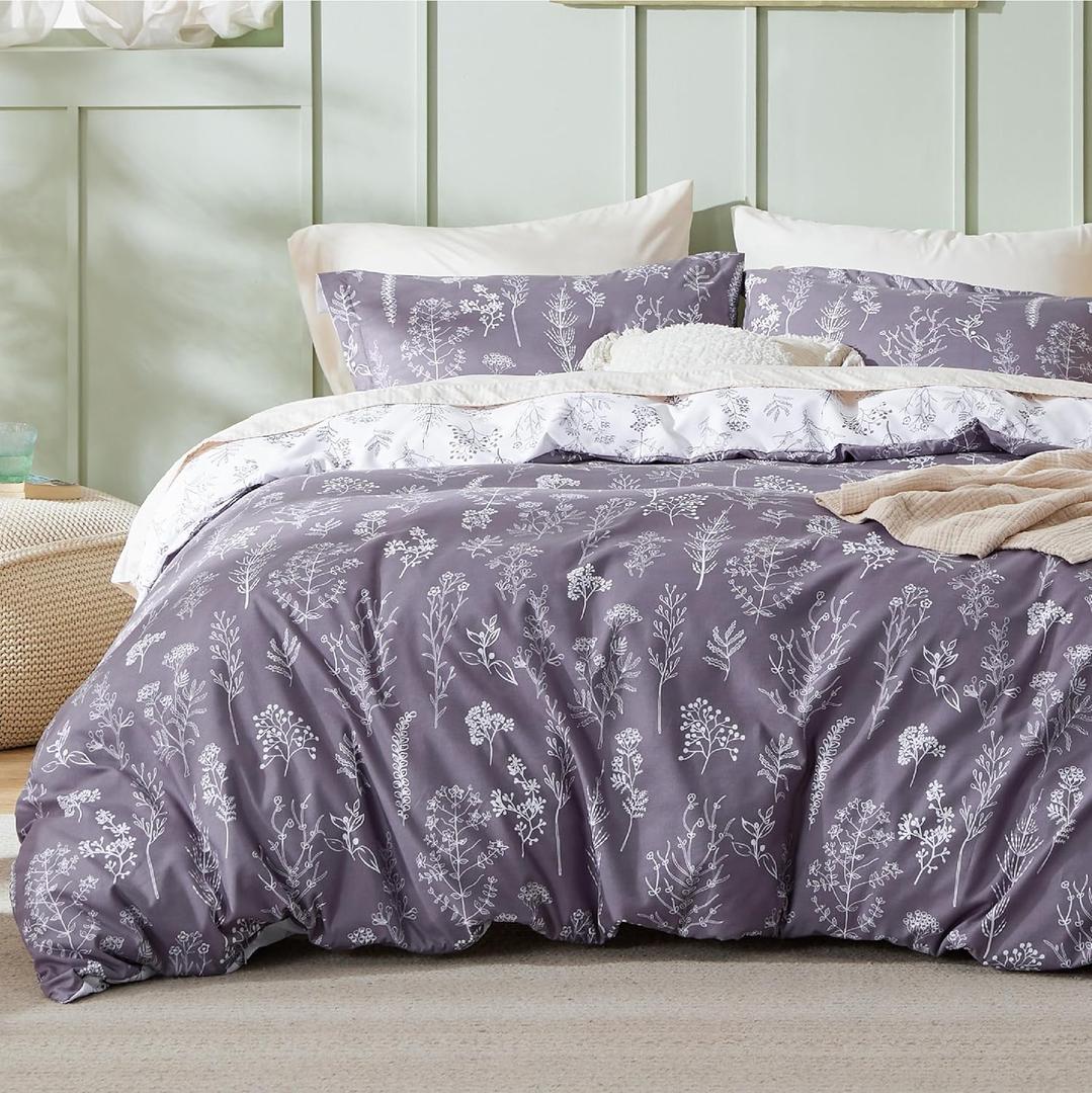 Bedsure Duvet Cover King Size - Reversible Grayish Purple King Duvet Cover Set with Zipper Closure, 3 Pieces Cute Floral Patterned Bedding Set with 8 Corner Ties and 2 Pillow Shams (King (104" x 90"))