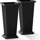 Tall Black Planters Outdoor Set of 2, Large Outdoor Tall Planters Pots with Tray, Modern Tapered Flower Planter for Front Porch, Patio, Garden (24", Ribbed)