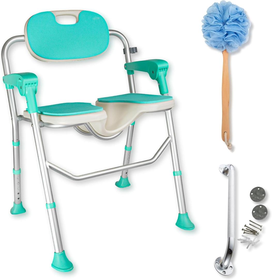 Shower Chair with Arms and Backrest  350lbs Heavy-Duty Shower Chair for Elderly and Disabled  Lightweight Foldable Shower Chair  Height Adjustable U-Shaped Bath Seat, FSA/HSA Eligible