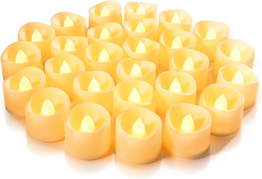 Homemory 24-Pack Flameless LED Tea Lights Candles Battery Operated, 200+Hour Fake Electric Candles TeaLights for Votive, Aniversary, Wedding Centerpiece Table Decor, Funeral, Halloween, Christmas (Warm White Glow, Wax-Color Base)