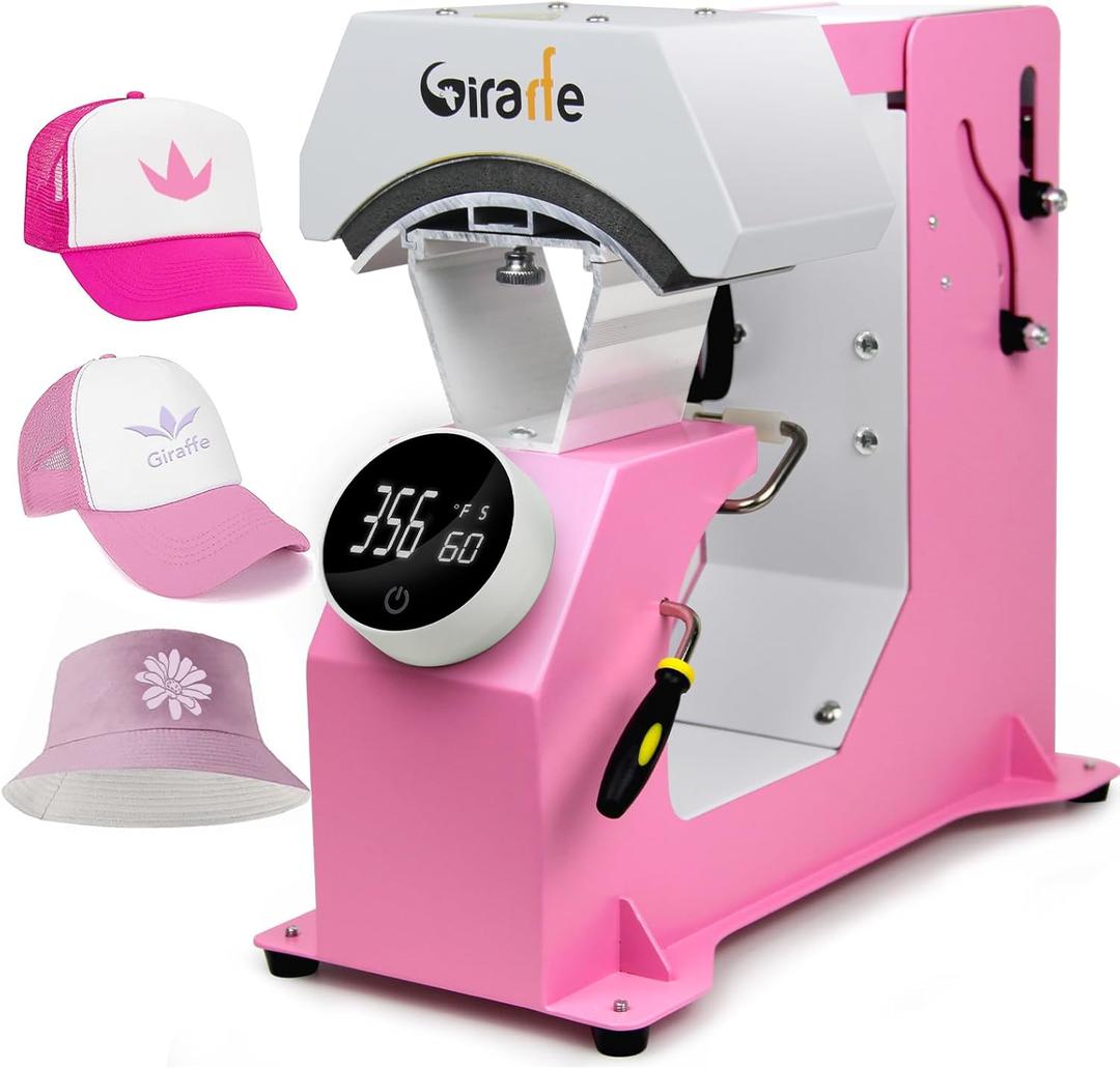 Giraffe Auto Hat Heat Press Machine, Automatic Hat Press Heat Machine for Caps T-Shirts Bags, DIY Sublimation Hat Press Cap Press Auto Open & Release & Digital Press Knob-Style Control Panel (Pink)