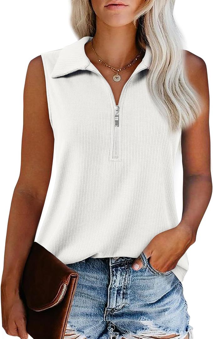 Vivilli Womens Ribbed Tank Top Zipper V Neck Dressy Casual Blouses Sleeveless Camisole Tops Work Tank Polo Shirts (Medium, White-1)