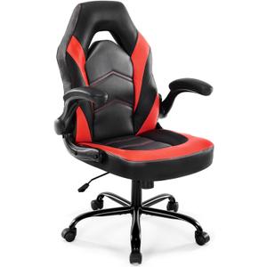 DUMOS Ergonomic Computer Gaming Chair - Home Office Desk with PU Leather Lumbar Support, Height Adjustable Big and Tall Video Game with Flip-up Armrest, Swivel Wheels for Adults and Teens (Red)