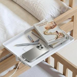 COOL-ANGLE Bedside Shelf for Bunk Bed & College Dorm, 13x9.5 Clamp-On Floating Nightstand with Hidden Storage & Cable Management, Fits Bed Rails up to 2.9", White, CableCatch
