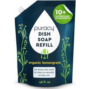 Puracy Natural Dish Soap Refill - Skin-Softening Plant-Based Liquid Dishwashing Detergent Soap, Clean-Rinsing Water-Sheeting Formula (Organic Lemongrass, 48 fl oz)